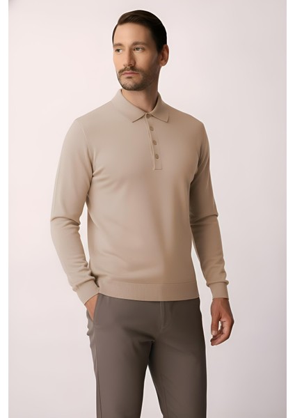 Bej Standart Fit Dar Kalıp Polo Yaka Düz Uzun Kollu Triko fırsatları