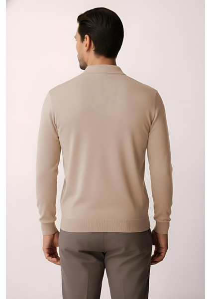 Bej Standart Fit Dar Kalıp Polo Yaka Düz Uzun Kollu Triko indirimleri