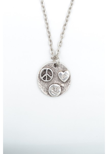 Barış Sembolü - Kalp -Gülen Surat Gümüş Kaplama Düz Zincir Kolye