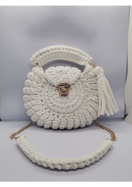 Beyaz Deniz Kabuğu Penye Ip Kadın Omuz Çantası