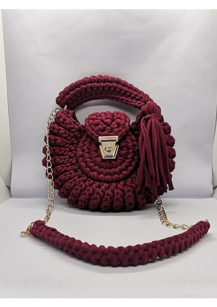 Bordo Deniz Kabuğu Penye Ip Kadın Omuz Çantası