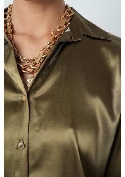 Kadın V Yaka Haki Renk Düz Saten Altın Düğmeli Gömlek modelleri
