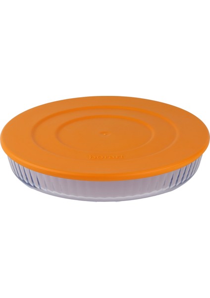 Turuncu Plastik Kapaklı Optik Desenli Büyük Yuvarlak Cam Tepsi