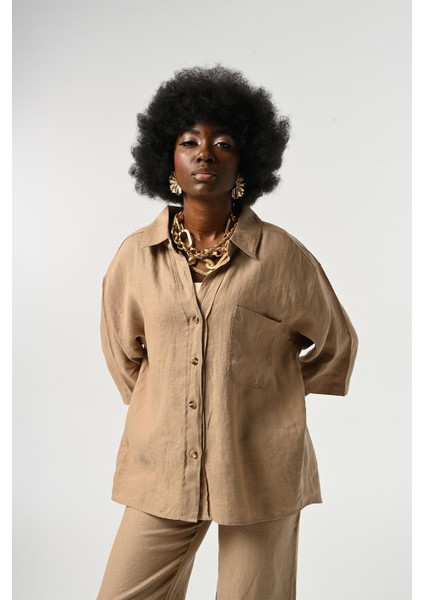 Kadın %100 Keten Truvakar Kollu Düz Renk Tek Cepli Gömlek fiyatları