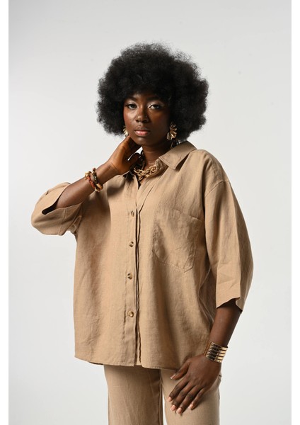 Kadın %100 Keten Truvakar Kollu Düz Renk Tek Cepli Gömlek modelleri