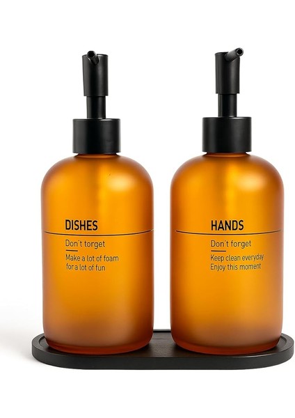 Bulaşık Deterjanlık ve Sabunluk Seti Bambu Tepsili Şık Ikili Set Siyah Beyaz Modern Tasarım Kompozit Malzemeli Mutfak Tezgah Üstü Organizer (Amber Vintage)