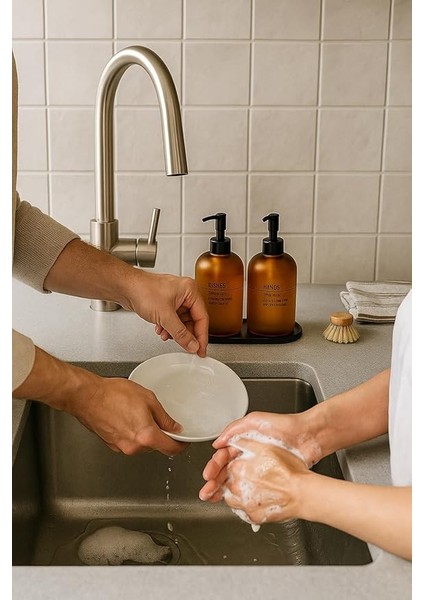 Bulaşık Deterjanlık ve Sabunluk Seti Bambu Tepsili Şık Ikili Set Siyah Beyaz Modern Tasarım Kompozit Malzemeli Mutfak Tezgah Üstü Organizer (Amber Vintage) fırsatları