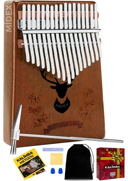 KLX-880 Hakiki Ağaç Kalimba Geyik Desenli Ahşap Full Set 17 Çelik Tuşlu