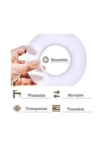 5 Metre Su Sızdırmaz Çift Taraflı Şeffaf Bant LTS-BND07 (Uzunluk 5m, GENIŞLIK:30MM, Kalınlık:1mm) Ekstra Güçlü Yıkanabilir Ince Nano Bant, Halı, Ev, Mutfak, Banyo, Araba Veya Ofis modelleri
