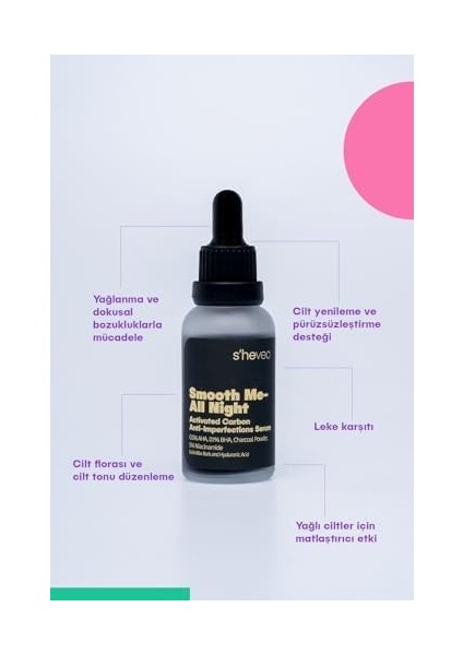 She Vec Smooth Me– All Nıght | Aktif Kömür Içeren Matlaştırıcı ve Cilt Kusur Görünümünü Azaltıcı Siyah Serum fiyatları