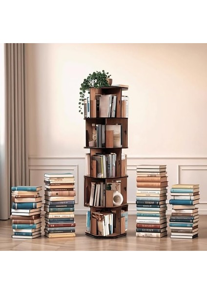 Wood 360° Döner Kitaplık – Modern ve Dekoratif Çok Katmanlı Ahşap Kitap ve Dergi Rafı (Ceviz, 5 Raflı) indirimleri