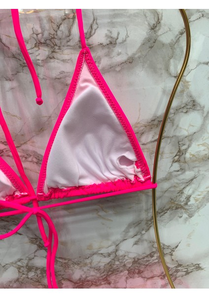 Kadın Fuşya Likralı Yandan Boyundan Bağlamalı Şık Ipli Üçgen Bikini Takım indirimleri