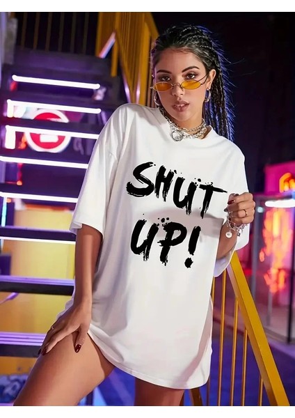 20/1 Penye Compack Oversize Beyaz Shut Up Kısa Kol Yazlık Tişört - Beyaz fırsatları