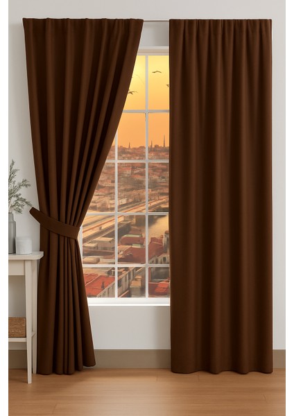 Kahverengi Termal Işık Geçirmez Kornişli Blackout Karartma Saten Perde