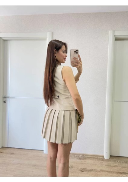 Keten Takım Görünümlü Düğme Detaylı Yelekli Mini Elbise - Bej modelleri