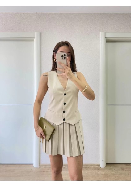 Keten Takım Görünümlü Düğme Detaylı Yelekli Mini Elbise - Bej indirimleri