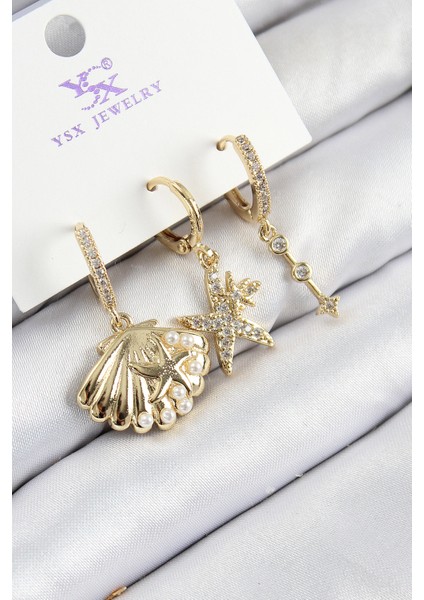 Pirinç Zirkon Taşlı 3'lü İstiridye Ve Yıldız Model Gold Renk Kadın Küpe