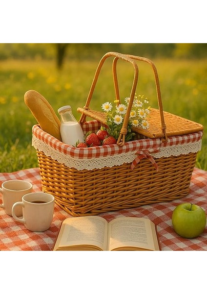Hasır Piknik Sepeti – Dantelli, Kırmızı Kareli Kumaşlı, Şık ve Doğal Tasarım 39 cm fiyatları