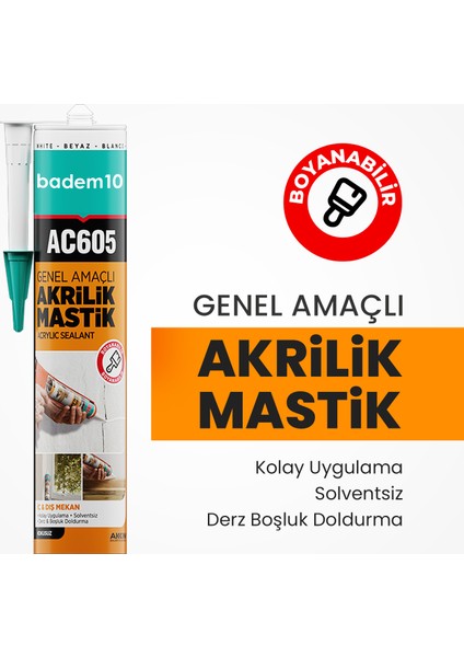 Beyaz Renkli AC605 Boyanabilir Genel Amaçlı Solventsiz Kolay Uygulanır Akrilik Mastik 500 gr