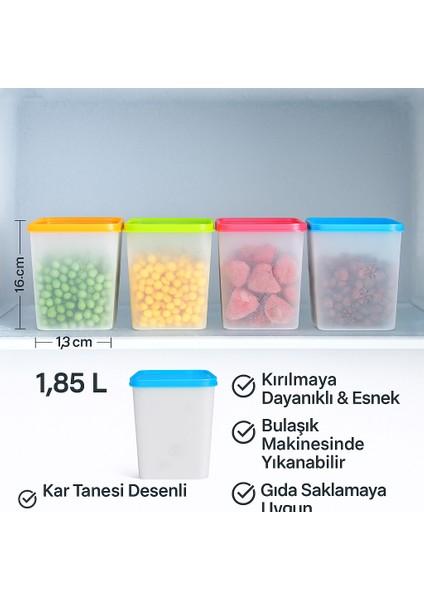 Alaska 4’lü Saklama Kabı Seti 1,85 Litre Kar Tanesi Desenli Kırılmaz Esnek 13X14X16 cm Renkli