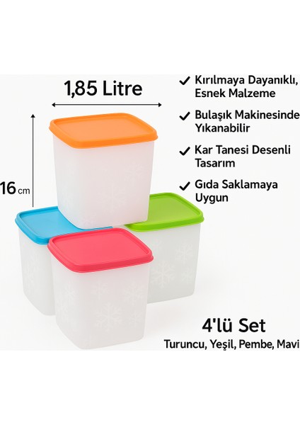 Alaska 4’lü Saklama Kabı Seti 1,85 Litre Kar Tanesi Desenli Kırılmaz Esnek 13X14X16 cm Renkli fiyatları