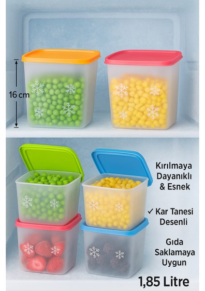 Alaska 4’lü Saklama Kabı Seti 1,85 Litre Kar Tanesi Desenli Kırılmaz Esnek 13X14X16 cm Renkli modelleri