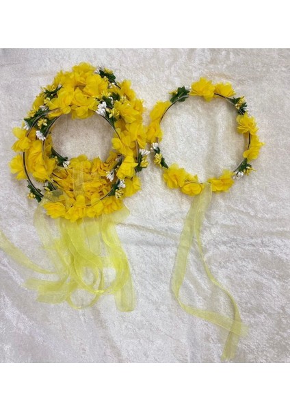 5li Yuvarlak Nedime Tacı Lazer Kesim Çiçekli ve Yapay Cipsolu Kına Nedime Tacı Sarı