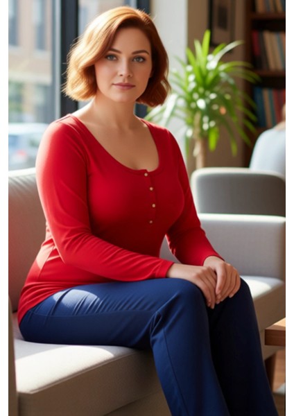 Kadın Pamuklu Uzun Kollu Düğmeli Rahat Üst Kaliteli Şık Rahat Modern Zarif Günlük