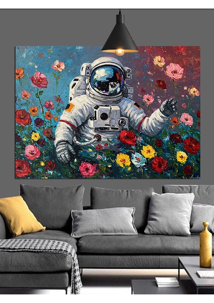 Çiçekli Uzay Giysili Astronot Dekoratif Kanvas - Mdf Ahşap Tablo