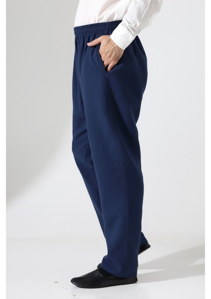 Erkek Lastikli Bel Cepli Hac Umre Müslin Pantolon - Lacivert (Ans)