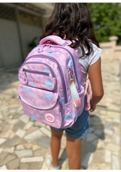 Kız Çocuk Ilköğretim Çantası Ultra Hafif Ortopedik Sırt Okul Çantası (Pembe-Lila-Mor)