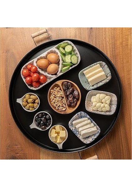 Metal 51CM Ahşap Kulplu Siyah Metal Tepsi Yuvarlak Çay Tepsisi Sunum Tepsisi Tahta Kulplu Büyük Tepsi LN1305S fiyatları