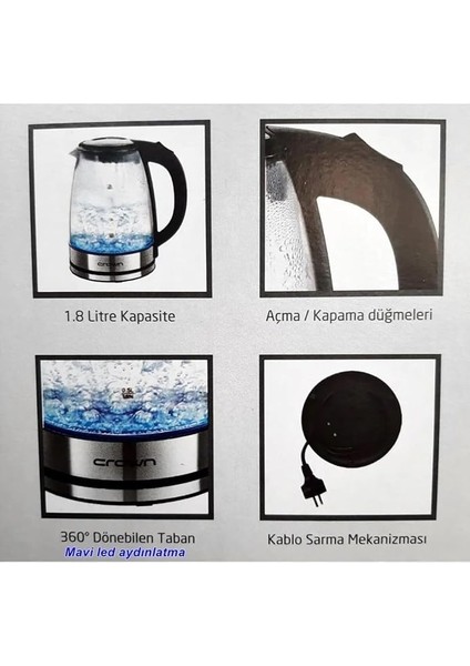 Cam Gövdeli 1.8l Elektrikli Su Isıtıcı Kettle 1500W Hızlı Kaynatma LED Işıklı modelleri