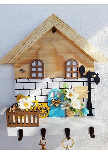 Papatya Temalı Raf - Raflı Anahtarlık Askısı - Hediye - Duvar Dekorasyon Beyaz 50 x 110