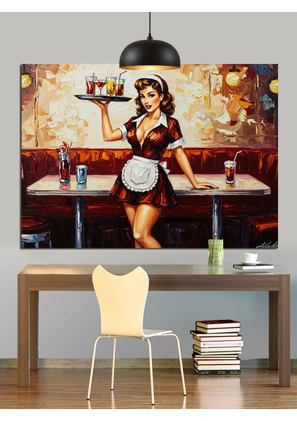 Kırmızı Koltuklu Restoranda Garson Dekoratif Kanvas - Mdf Ahşap Tablo