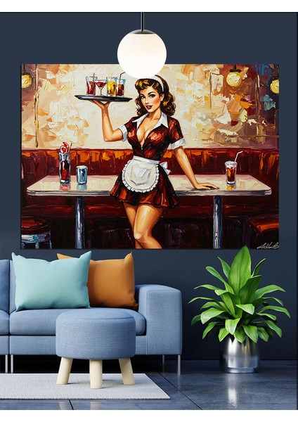 Kırmızı Koltuklu Restoranda Garson Dekoratif Kanvas - Mdf Ahşap Tablo fiyatları