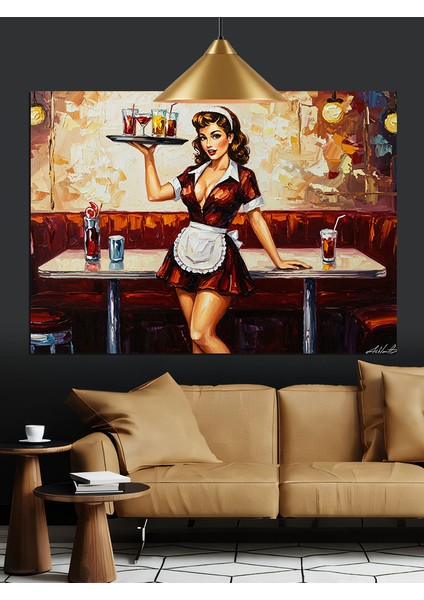 Kırmızı Koltuklu Restoranda Garson Dekoratif Kanvas - Mdf Ahşap Tablo modelleri