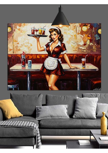 Kırmızı Koltuklu Restoranda Garson Dekoratif Kanvas - Mdf Ahşap Tablo fırsatları