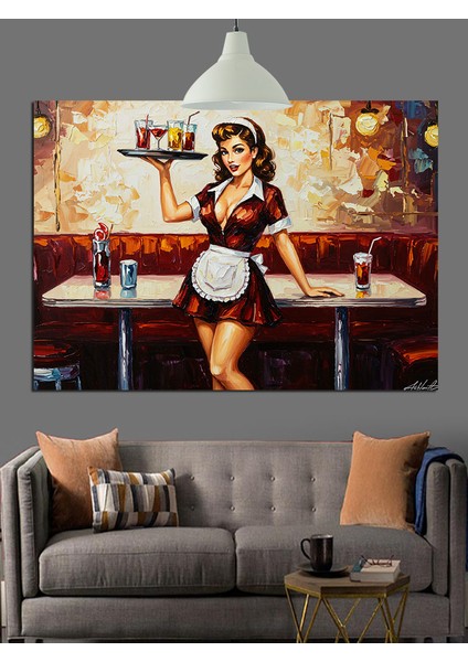 Kırmızı Koltuklu Restoranda Garson Dekoratif Kanvas - Mdf Ahşap Tablo indirimleri