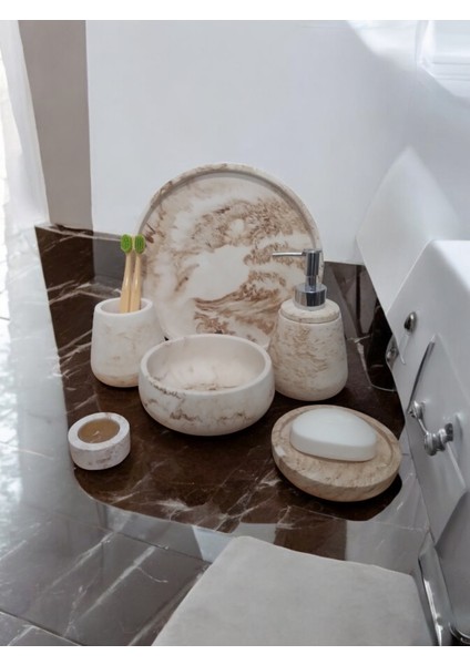 6'lı Mermer Desen Bej Beton Banyo Seti ,sıvı Sabunluk Diş Fırçalığı Aksesuar Takım