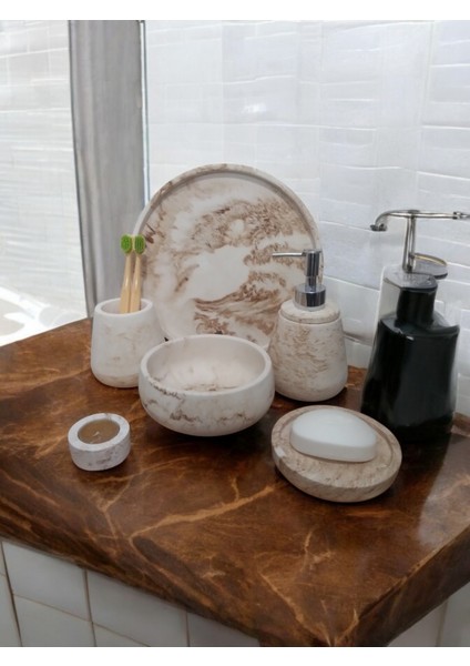 6'lı Mermer Desen Bej Beton Banyo Seti ,sıvı Sabunluk Diş Fırçalığı Aksesuar Takım fiyatları