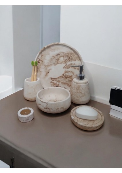 6'lı Mermer Desen Bej Beton Banyo Seti ,sıvı Sabunluk Diş Fırçalığı Aksesuar Takım modelleri