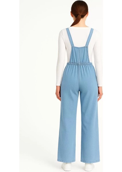 Kadın Chambray Açık Mavi Denim Görünümlü Geniş Paça Salopet Tulum - Mavi fiyatları