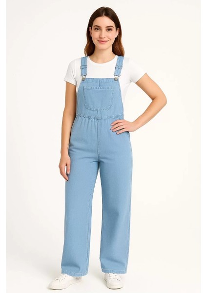 Kadın Chambray Açık Mavi Denim Görünümlü Geniş Paça Salopet Tulum - Mavi modelleri
