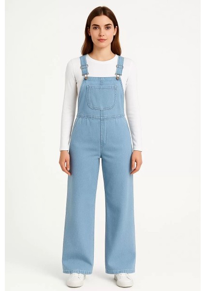 Kadın Chambray Açık Mavi Denim Görünümlü Geniş Paça Salopet Tulum - Mavi fırsatları