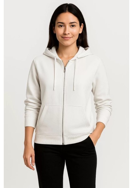 Kadın Üç Iplik Kapüşonlu Tam Fermuarlı Kanguru Çepli Sweatshirt Hoodie - Beyaz