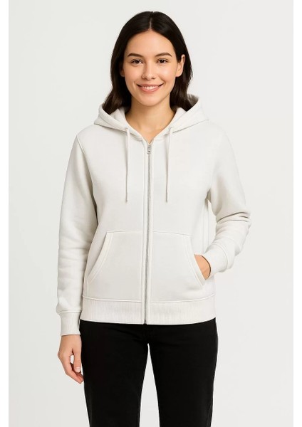 Kadın Üç Iplik Kapüşonlu Tam Fermuarlı Kanguru Çepli Sweatshirt Hoodie - Beyaz fırsatları