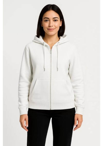 Kadın Üç Iplik Kapüşonlu Tam Fermuarlı Kanguru Çepli Sweatshirt Hoodie - Beyaz indirimleri