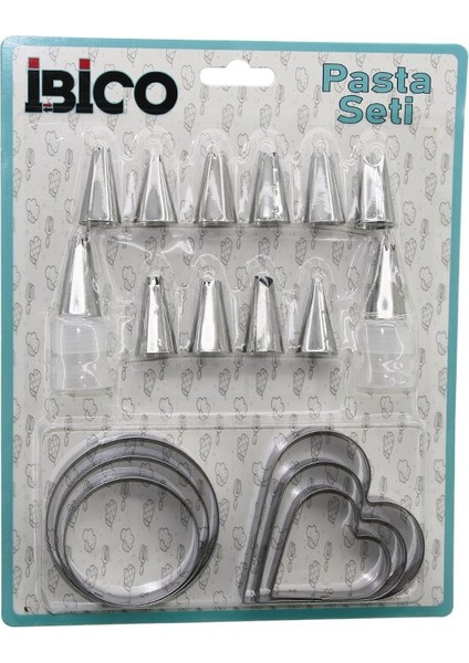 20PCS Pasta Süsleme Uç Seti= 12-Metal Kurabiye Kalıp Metal=3-Kalp - 3-Yuvarlak 2-Uç Tutucu Pls.adaptör (5286)