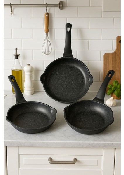 Asur Döküm Granit Gümüş Siyah 3'lü Tava Seti (20+24+28) fiyatları